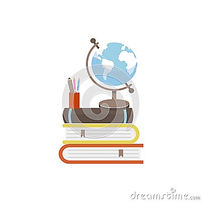 Stack of books, globe and stationery illustration. Vector Illustration