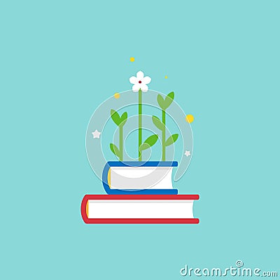 Stack of books with green sprig or sprout, flower and bulb. Flat icon isolated on blue background Cartoon Illustration