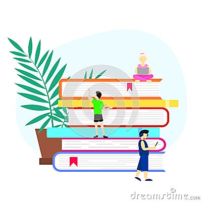 Stack of books with home plant. Small peoples. Flat style. Vector illustration Vector Illustration