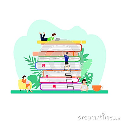 Stack of books with home plants. Small peoples. Flat style. Vector illustration Vector Illustration