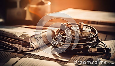 Stack of books and newspaper on table generated by AI Stock Photo