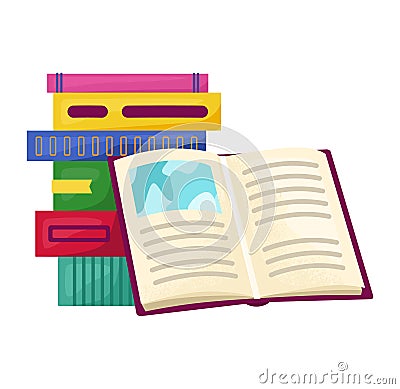 Stack books one open front showing pages. Colorful textbooks flipped page book. Education Vector Illustration
