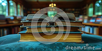 A stack of books with open pages, on which curved words and text are visible, creating the impression of active readin Stock Photo