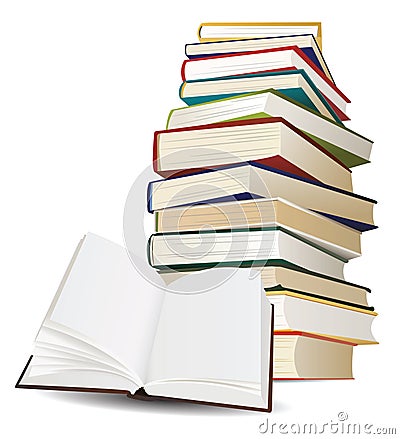 Stack of books and opened book Stock Photo