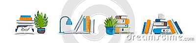 Stack of books. Piles of textbooks for teaching and home study. Compositions of publications with flowers and drinks Vector Illustration