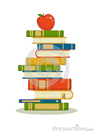 Stack of books with red apple Vector Illustration