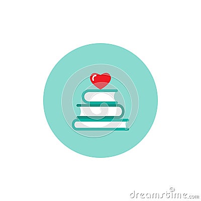 Stack of books with red heart in blue circle. Isolated on white background. bibliophile flat icon Cartoon Illustration