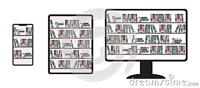 Stack of books on shelves in online library on phone, tablet and desktop. Set of elemnt for digital bookstore Vector Illustration