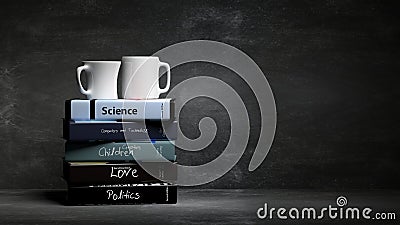 Stack of books with various subjects and two cups of coffee Stock Photo