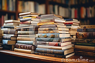 Stack of Books on Wooden Table, A Pictorial Depiction of Knowledge and Learning, Classic paperback books stacked high on a desk, Stock Photo