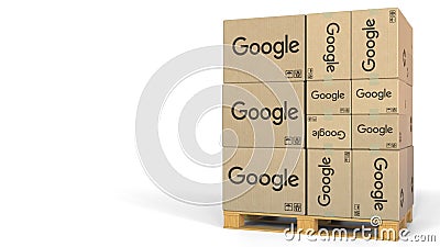 Stack of boxes with Google logo. Editorial 3D rendering Editorial Stock Photo