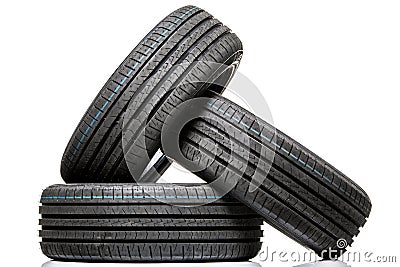 Stack of brand new high performance car tires Stock Photo