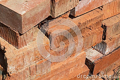 Stack bricks red rectangular closeup building material hard solid background base Stock Photo