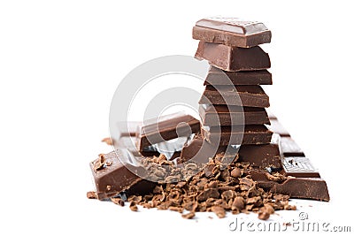 Stack of broken chocolate isolated Stock Photo