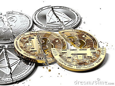 Stack of broken or cracked Bitcoin and altcoins coins laying on white background. Bitcoin crash concept. 3D rendering Editorial Stock Photo