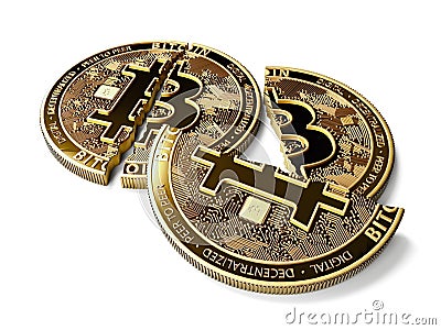 Stack of broken or cracked Bitcoin coins laying on white background. Bitcoin crash concept. 3D rendering Stock Photo