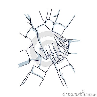 Stack of business hands. Team together. Vector Illustration