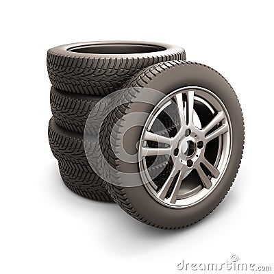 Stack of car tires and car wheel Cartoon Illustration