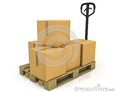 Stack of carton boxes on a pallet with truck Stock Photo