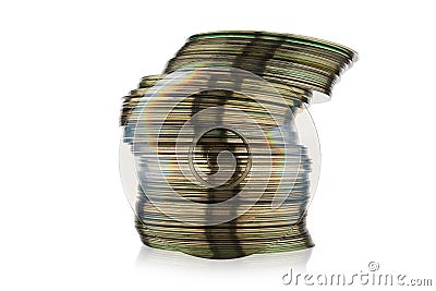 Stack of CD or DVD disk isolated on white background. Set collection pile of discs. Heap of data, information concept. Old Stock Photo