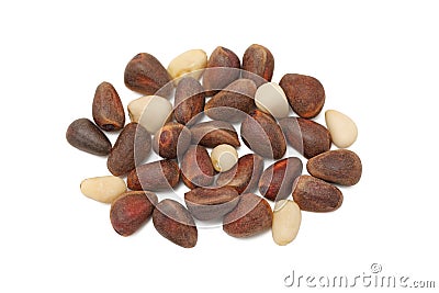 Cedar nuts on white background Stock Photo