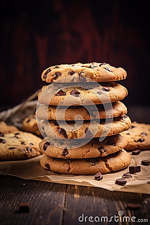 Stack of chocolate chip cookies on the table, close up view. Homemade pastries. AI generated Stock Photo