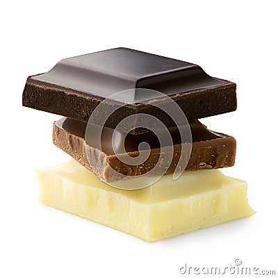 Stack of chocolate squares: dark, milk and white chocolate isolated on white. Rough edges Stock Photo