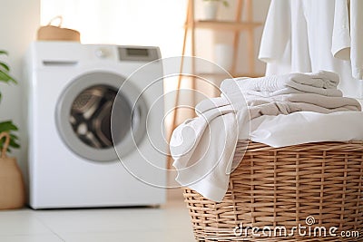 Stack of clean bedding sheets on blurred laundry room background Stock Photo