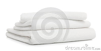 Stack of clean folded towels on white Stock Photo