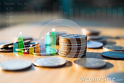 Stack coin with graph candlestick chart trade forex growth data stock market digital signal Trend Line Indicator ouble exposure Stock Photo