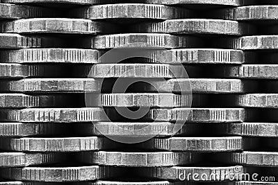 Stack of coins close up. Coin texture. Black and white business background made of many coin edge. Economy finance and bank Stock Photo
