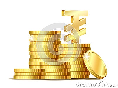 Stack of coins with Gold shiny Mongolian tugrik currency symbol. Vector Illustration