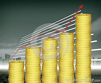 Stack of coins with graphical chart Stock Photo