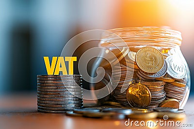 stack of coins beside jar filled with coins highlighting VAT image conveys financial concepts and currency management Stock Photo