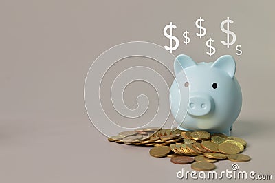 Stack of coins, piggy bank and money symbols Stock Photo