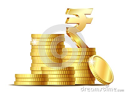 Stack of coins with Shiny golden Indian Rupee currency symbol. Vector Illustration