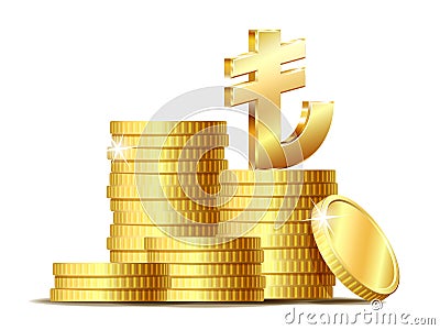Stack of coins with Shiny golden Turkish Lira Sign currency symbol. Vector Illustration