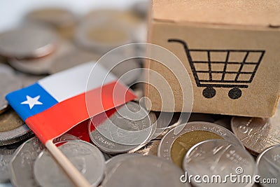 Stack of coins, shopping cart box with Chile flag, finance concept Stock Photo