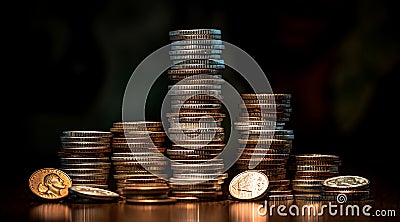 Stack of coins. Souvenir coins on a black background. AI Generated Stock Photo