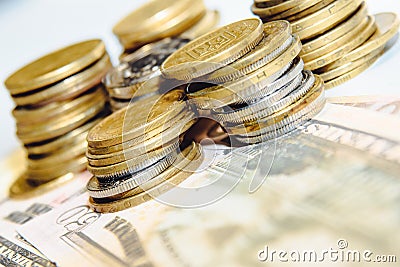 Stack of coins on the summation of the finance account Stock Photo