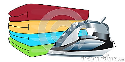 Stack colored towels and iron. Vector Vector Illustration