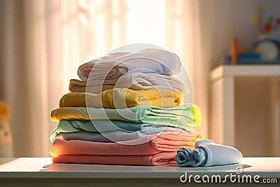 Stack of colorful baby clothes and blankets Stock Photo