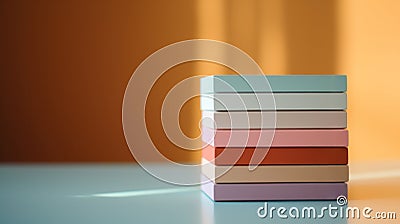 A stack of colorful boxes on a table with sunlight behind them, AI Stock Photo