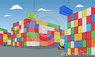 Stack of colorful cargo containers with perspective view. Different colors. Vector illustration. Vector Illustration