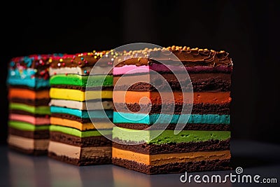 stack of colorful chocoate cakes, each layer a different flavor Stock Photo