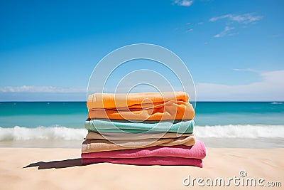 Stack of colorful clothes on the beach with sea and blue sky background Stock Photo