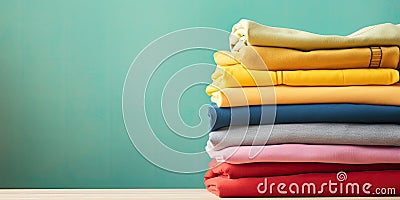 Stack of colorful clothes. Pile of clothing on table empty space background. Laundry and household Stock Photo