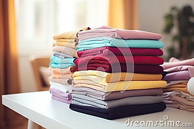 Stack of colorful clothes. Pile of clothing on table. Laundry, household, decluttering, donation, online selling concept Stock Photo