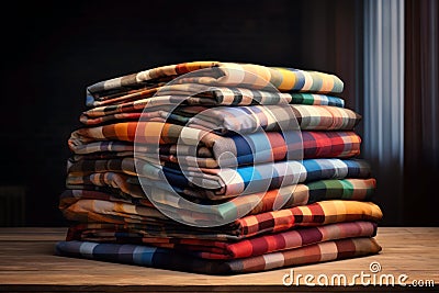 Stack of colorful fabrics (bedsheets, towels plaids etc.) on a wooden table in home interior Stock Photo