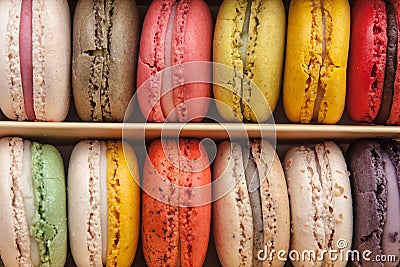 Stack of colorful macaroons stacked up in the box for background. Stock Photo